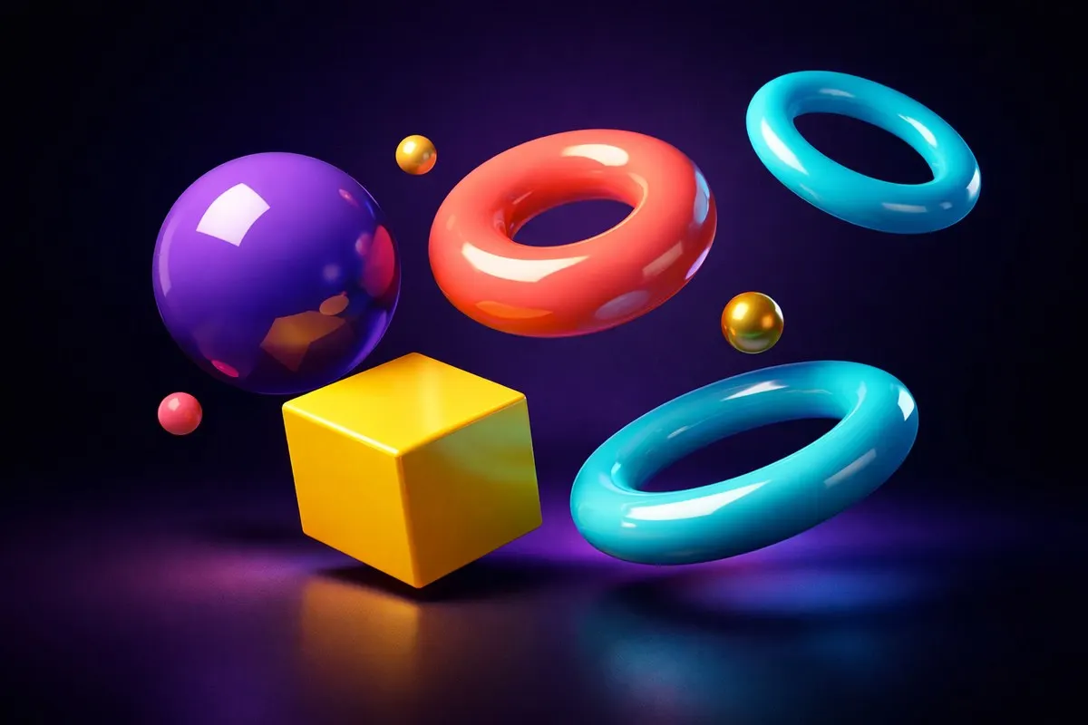 Vibrant 3D shapes floating in a purple studio scene